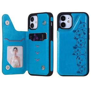 huismerk Six Cats Embossing Pattern Protective Case met Holder & Card Slots & Photo Frame Voor iPhone 12 mini(Blauw)