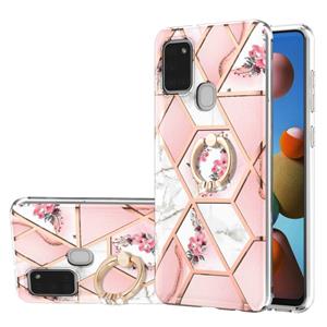 huismerk Voor Samsung Galaxy A21S Electroplating Splicing Marmeren Bloem Patroon TPU Schokdichte Case met Rhinestone Ringhouder (roze bloem)