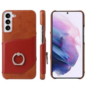 fierreshann Voor Samsung Galaxy S22 + 5G Fierre Shann Oil Wax Texture Lederen Back Phone Case met 360 graden Rotatie Houder & Card Slot (Brown)