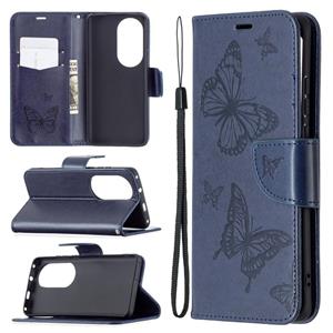 Huismerk Voor Huawei P50 Pro twee vlinders reliëf patroon horizontale flip lederen geval met houder kaartsleuf & portemonnee & lanyard (donkerblauw)