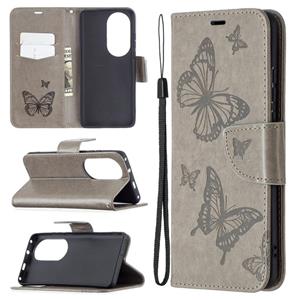 Huismerk Voor Huawei P50 Pro twee vlinders reliëf patroon horizontale flip lederen geval met houder en kaartsleuf & portemonnee & lanyard (grijs)