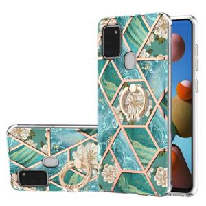 huismerk Voor Samsung Galaxy A21S Electroplating Splicing Marmeren Bloempatroon TPU Schokbestendig Case met Rhinestone Ringhouder (Blauwe Bloem)