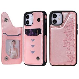 huismerk Six Cats Embossing Pattern Protective Case met Holder & Card Slots & Photo Frame Voor iPhone 12 mini(Rose Gold)