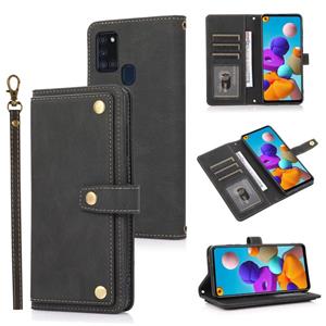 huismerk For Samsung Galaxy A21s PU + TPU Horizontal Flip Leather Case with Holder & Card Slot & Wallet & Lanyard(Black)