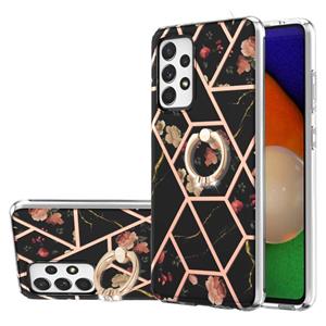 huismerk Voor Samsung Galaxy A52 5G / 4G Electroplating Splicing Marmeren Bloem Patroon TPU Schokbestendig Case met Rhinestone Ringhouder (Black Flower)