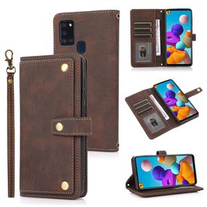 huismerk Voor Samsung Galaxy A21S PU + TPU Horizontale Flip Lederen Case Met Houder & Card Slot & Portemonnee & Lanyard (Brown)