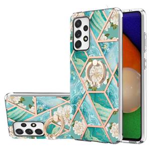 huismerk Voor Samsung Galaxy A52 5G / 4G Electroplating Splicing Marmeren Bloempatroon TPU Schokbestendig Case met Rhinestone Ringhouder (Blue Flower)