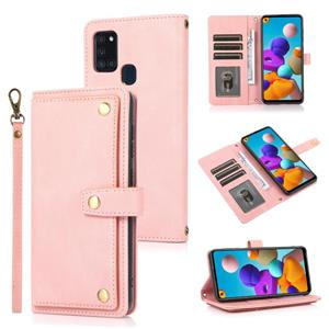 huismerk Voor Samsung Galaxy A21S PU + TPU Horizontale Flip Leren Case Met Houder & Card Slot & Wallet & Lanyard (Pink)