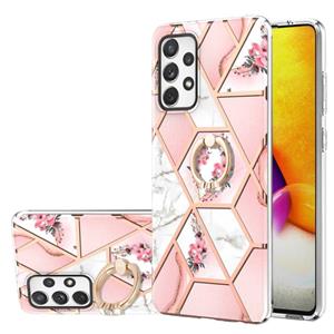 huismerk Voor Samsung Galaxy A72 5G / 4G Electroplating Splicing Marmeren Bloem Patroon TPU Shockproof Case met Rhinestone Ringhouder (roze bloem)