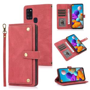 huismerk Voor Samsung Galaxy A21S PU + TPU Horizontale Flip Lederen Case met Houder & Card Slot & Portemonnee & Lanyard (Wine Red)