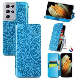 huismerk Voor Samsung Galaxy S21 Ultra 5G Bloeiende Mandala Reliëf Patroon Magnetische Horizontale Flip Lederen Case met Houder & Kaart Slots & Portemonnee (B