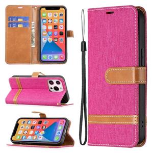 huismerk Kleur Matching Denim Textuur Horizontale Flip Leren Case met Houder & Kaart Slots & Portemonnee & Lanyard voor iPhone 13 Mini (Rose Red)