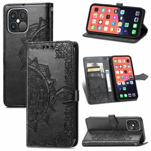 huismerk Voor iPhone 13 Pro Max Mandala Flower Reliëf Horizontale Flip Lederen Case met Houder & Three Card Slots & Wallet & Lanyard (Black)