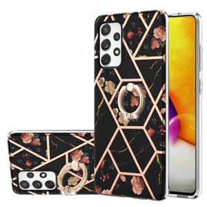 huismerk Voor Samsung Galaxy A72 5G / 4G Electroplating Splicing Marmeren Bloempatroon TPU Schokbestendig Case met Rhinestone Ringhouder (Black Flower)