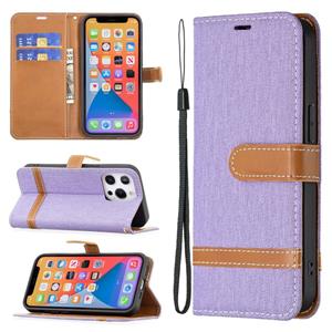 huismerk Kleur Matching Denim Textuur Horizontale Flip Leren Case met Houder & Card Slots & Wallet & Lanyard voor iPhone 13 (Paars)