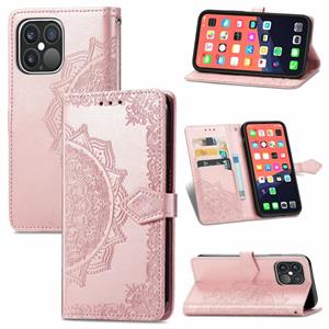 huismerk Voor iPhone 13 Pro Max Mandala Bloem Reliëf Horizontale Flip Leren Case met Houder & Three Card Slots & Wallet & Lanyard (Rose Gold)