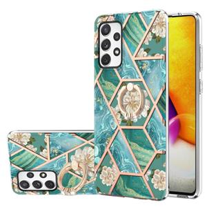 huismerk Voor Samsung Galaxy A72 5G / 4G Electroplating Splicing Marmeren Bloempatroon TPU Schokbestendig Case met Rhinestone Ringhouder (Blauwe Bloem)