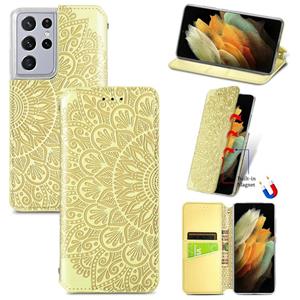 huismerk Voor Samsung Galaxy S21 Ultra 5G Bloeiende Mandala Reliëf Patroon Magnetische Horizontale Flip Lederen Case met Houder & Kaart Slots & Portemonnee (G