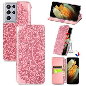 huismerk Voor Samsung Galaxy S21 Ultra 5G Bloeiende Mandala Reliëf Patroon Magnetische Horizontale Flip Lederen Case met Houder & Kaart Slots & Portemonnee (R