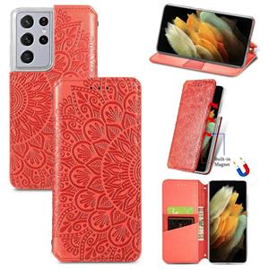 huismerk Voor Samsung Galaxy S21 Ultra 5G Bloeiende Mandala Reliëf Patroon Magnetische Horizontale Flip Lederen Case met Houder & Kaart Slots & Portemonnee (R