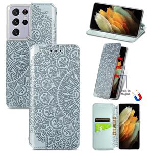 huismerk Voor Samsung Galaxy S21 Ultra 5G Bloeiende Mandala Reliëf Patroon Magnetische Horizontale Flip Lederen Case met Houder & Kaart Slots & Portemonnee (G