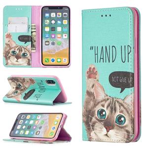 huismerk Gekleurd tekenpatroon onzichtbaar magnetische horizontale flip PU lederen hoes met houder & kaartslots & portemonnee voor iPhone X / XS(Cat)