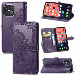 huismerk Voor iPhone 13 Pro Mandala Bloem Reliëf Horizontale Flip Lederen Case met Houder & Three Card Slots & Wallet & Lanyard (Purple)