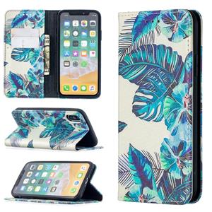 huismerk Gekleurd tekenpatroon Onzichtbaar magnetisch horizontaal flip pu lederen hoesje met houder & kaartslots & portemonnee voor iPhone X / XS(blauwe blader