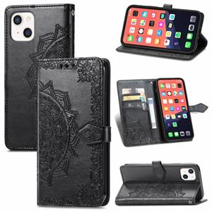 huismerk Voor iPhone 13 Mandala Bloem Reliëf Horizontale Flip Lederen Case met Houder & Three Card Slots & Wallet & Lanyard (Black)