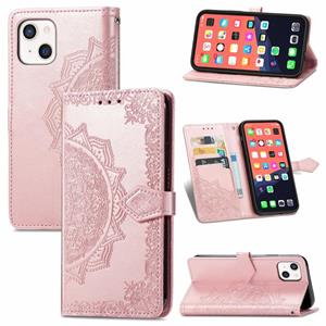 huismerk Voor iPhone 13 Mandala Bloem In reliëf gemaakte Horizontale Flip Lederen Case met Houder & Three Card Slots & Wallet & Lanyard (Rose Gold)