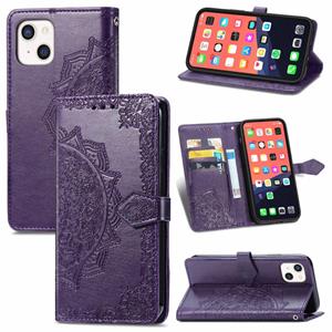 huismerk Voor iPhone 13 Mandala Bloem Reliëf Horizontale Flip Lederen Case met Houder & Three Card Slots & Wallet & Lanyard (Purple)