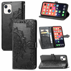 huismerk Voor iPhone 13 Mini Mandala Bloem Reliëf Horizontale Flip Lederen Case met Houder & Three Card Slots & Wallet & Lanyard (Zwart)