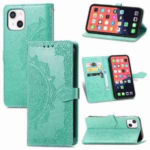 huismerk Voor iPhone 13 Mini Mandala Bloem Reliëf Horizontale Flip Lederen Case met Houder & Three Card Slots & Wallet & Lanyard