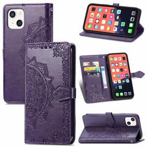 huismerk Voor iPhone 13 Mini Mandala Bloem Reliëf Horizontale Flip Lederen Case met Houder & Three Card Slots & Wallet & Lanyard (Paars)