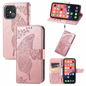 huismerk Butterfly Love Flower Reliëf Horizontale Flip Lederen Case met Bracket / Card Slot / Portemonnee / Lanyard voor iPhone 13 Pro Max (Rose Gold)