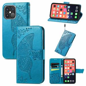 huismerk Butterfly Love Flower Reliëf Horizontale Flip Lederen Case met Bracket / Card Slot / Portemonnee / Lanyard voor iPhone 13 Pro Max