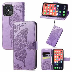 huismerk Butterfly Love Flower reliëf horizontale flip lederen tas met beugel / kaart slot / portemonnee / lanyard voor iphone 13 pro max (licht paars)