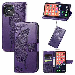 huismerk Butterfly Love Flower reliëf horizontale flip lederen geval met beugel / kaartsleuf / portemonnee / lanyard voor iPhone 13 Pro Max (donker paars)