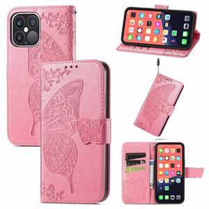 huismerk Vlinder Love Flower Reliëf Horizontale Flip Leren Case met Bracket / Card Slot / Portemonnee / Lanyard voor iPhone 13 Pro (Pink)