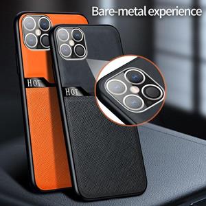 huismerk Voor iPhone 12 5 4 inch huidvriendelijk matleer + TPU all-inclusive telefoonhoesje met metalen ijzeren plaat(oranje)