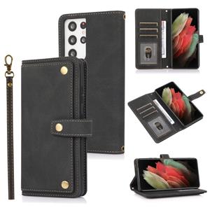 huismerk For Samsung Galaxy S21 Ultra 5G PU + TPU Horizontal Flip Leather Case with Holder & Card Slot & Wallet & Lanyard(Black)