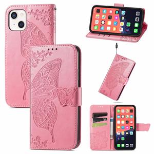 huismerk Butterfly Love Flower reliëf horizontale flip lederen tas met beugel / kaart slot / portemonnee / lanyard voor iphone 13