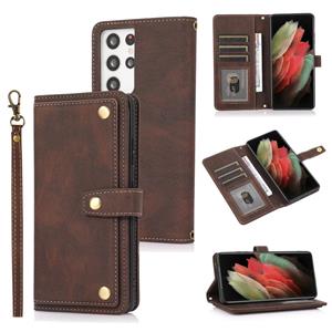 huismerk Voor Samsung Galaxy S21 Ultra 5G PU + TPU Horizontale Flip Lederen Case met Houder & Card Slot & Portemonnee & Lanyard (Brown)