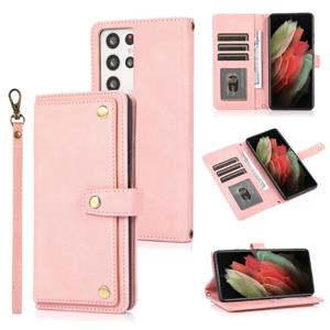 huismerk Voor Samsung Galaxy S21 Ultra 5G PU + TPU Horizontale Flip Leren Case met Houder & Card Slot & Wallet & Lanyard (Pink)