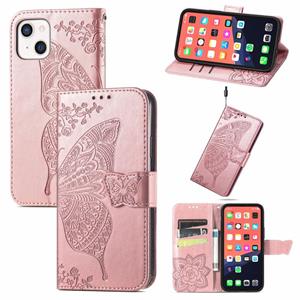 huismerk Vlinder liefdesbloem reliëf horizontale flip lederen tas met beugel / kaart slot / portemonnee / lanyard voor iphone 13 (rose goud)