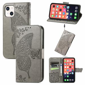 huismerk Vlinder liefdesbloem reliëf horizontale flip lederen tas met beugel / kaart slot / portemonnee / lanyard voor iphone 13