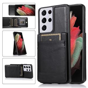 huismerk For Samsung Galaxy S21 Ultra 5G Solid Color PC + TPU Protective Case with Holder & Card Slots(Black)