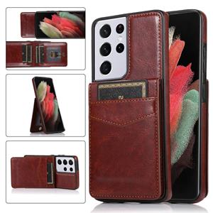 huismerk For Samsung Galaxy S21 Ultra 5G Solid Color PC + TPU Protective Case with Holder & Card Slots(Brown)