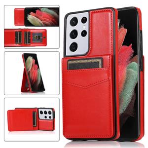 huismerk For Samsung Galaxy S21 Ultra 5G Solid Color PC + TPU Protective Case with Holder & Card Slots(Red)