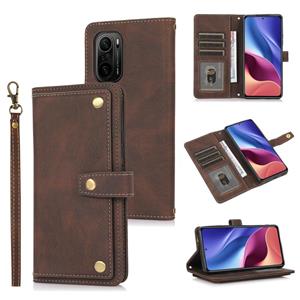 huismerk Voor Xiaomi Redmi K40 PU + TPU horizontale flip lederen hoes met houder kaartsleuf & portemonnee & lanyard (bruin)